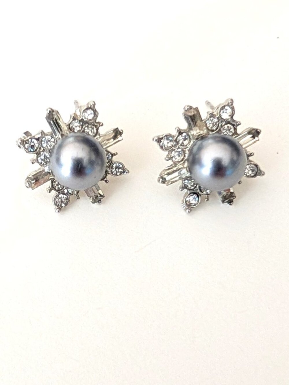 Faux gray pearl and faux diamond earrings